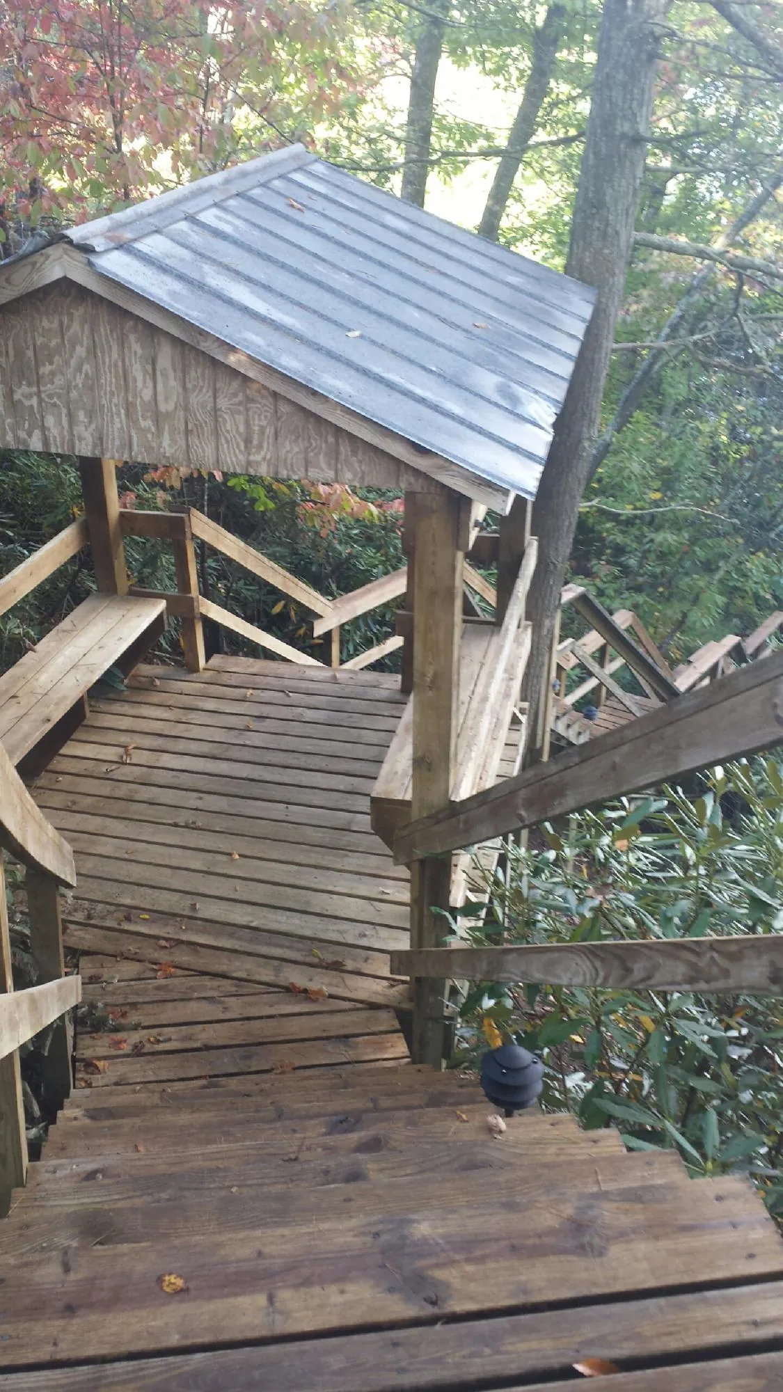 Metal roofed shelter over wooden steps on a wooded walkway — Skylight Repair & Installation work by our crew in Arvin